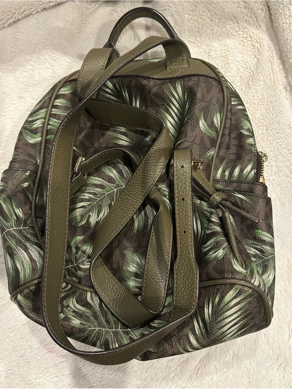 Michael Kors Brown Backpack with Green Tropical Leaf Print - Picture 3 of 5